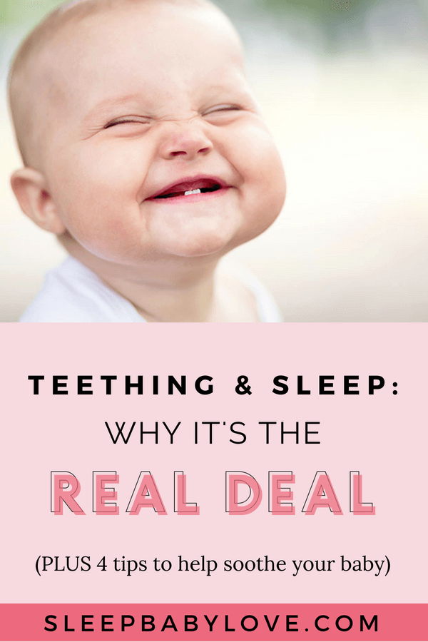 One growing pain that is common among every parent is a teething baby. But one thing that’s not so common is how you can help soothe your baby and not disrupt their sleep (as best you can, anyway). Click through to learn the 4 golden rules to teething and sleep so you can soothe the situation and get your baby back to a normal sleep schedule. Teething baby | teething pain | teething remedies | teething chart | #sleepbabylove #babysleep #babies #sleeptips #teethingtips